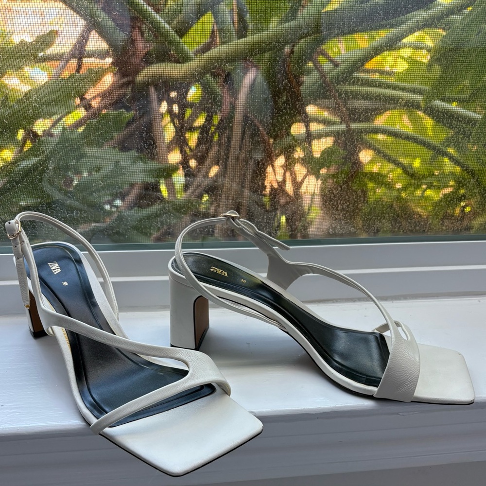 Zara White Strappy Block Heels